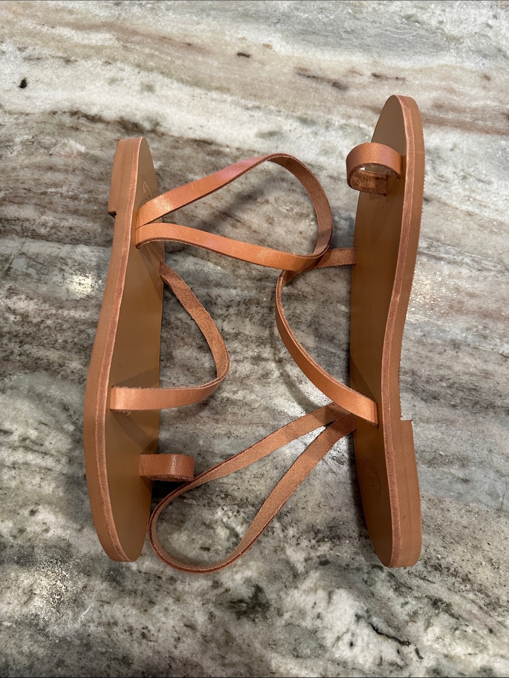 Handmade Greek Leather Sandals Size 39 US 8 Tan Toe Ring Wrap Flat Sandals - Picture 5 of 9